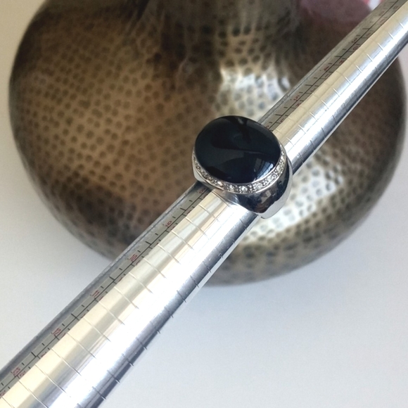 Vintage Onyx Cabochon & Rhinestone Art Deco Ring Size 7 - Picture 14 of 16